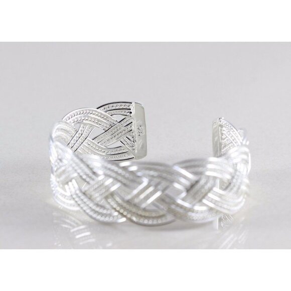 Sterling Silver Cuff Bracelet Large Braided Weave Cuff 7 1/2 Inch Adjustable - Picture 5 of 6